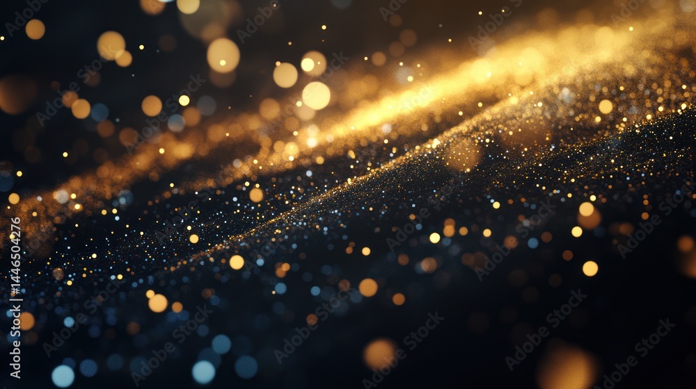 Poster golden particles shimmer and swirl on a dark background, creating a dynamic, abstract texture