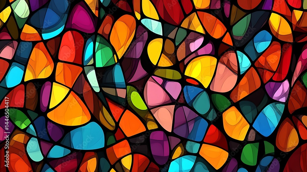 Poster Vivid Geometric Stained Glass Pattern with Colorful Abstract Forms and Transparent Background