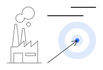 Industrial factory building with chimneys and smokestacks next to a large target and arrow hitting the center. Ideal for industry, productivity, efficiency, goal-setting, business strategy, success