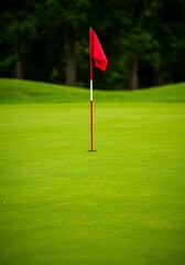 Obraz premium Red golf flag on green course. Lush grass and forest background. Sport, leisure, and outdoor recreation concept. Father's Day gift idea for golf enthusiast