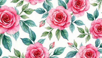 Delicate watercolor roses & leaves, repeating seamlessly , blossom, floral