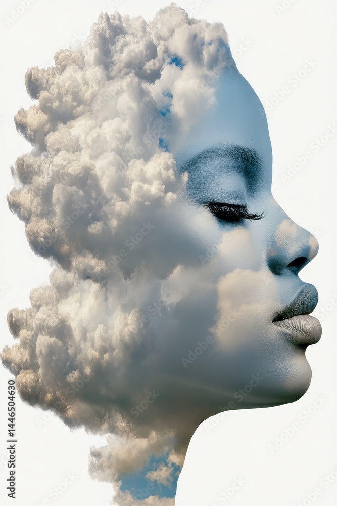 Poster ethereal fusion of human form with clouds in artistic double exposure representation of business and