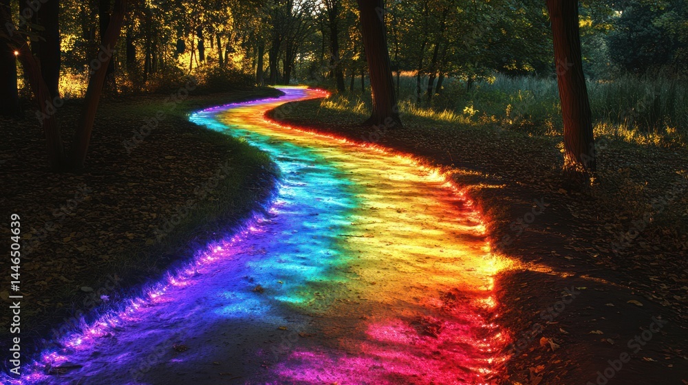 Poster rainbow illuminated path through a whimsical forest casting a magical glow