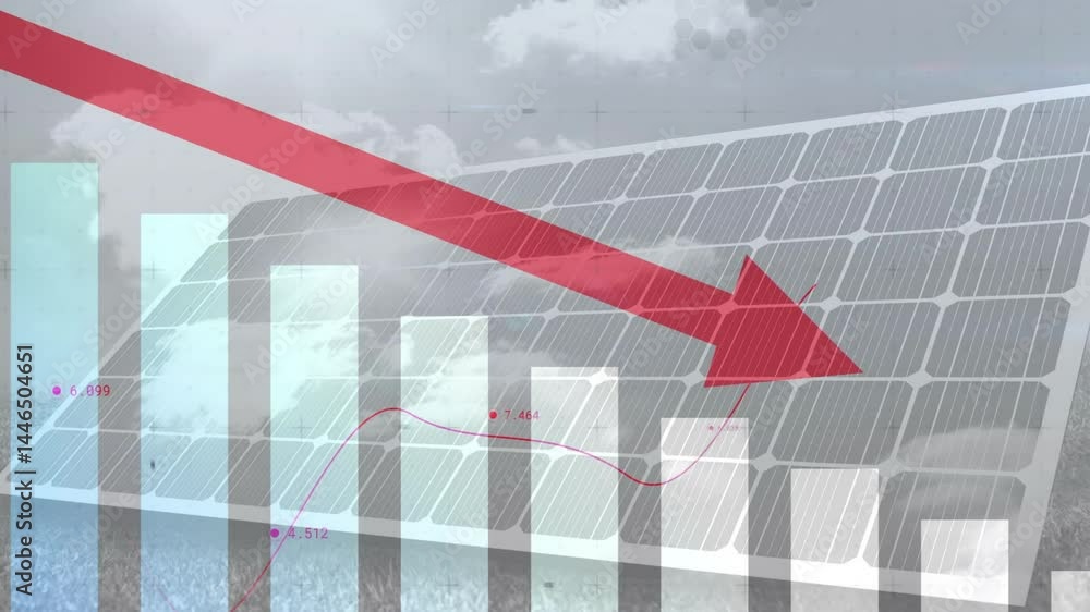 Aufkleber solar panel array presenting translucent bars, magenta line graph, red arrow over digital grid
