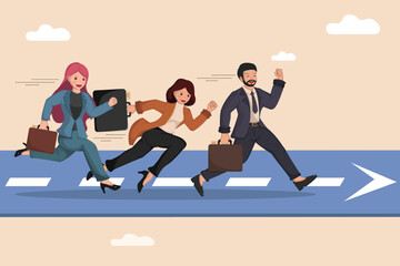 Business Team Running Toward Success on Arrow Road Concept for Corporate Growth and Achievement