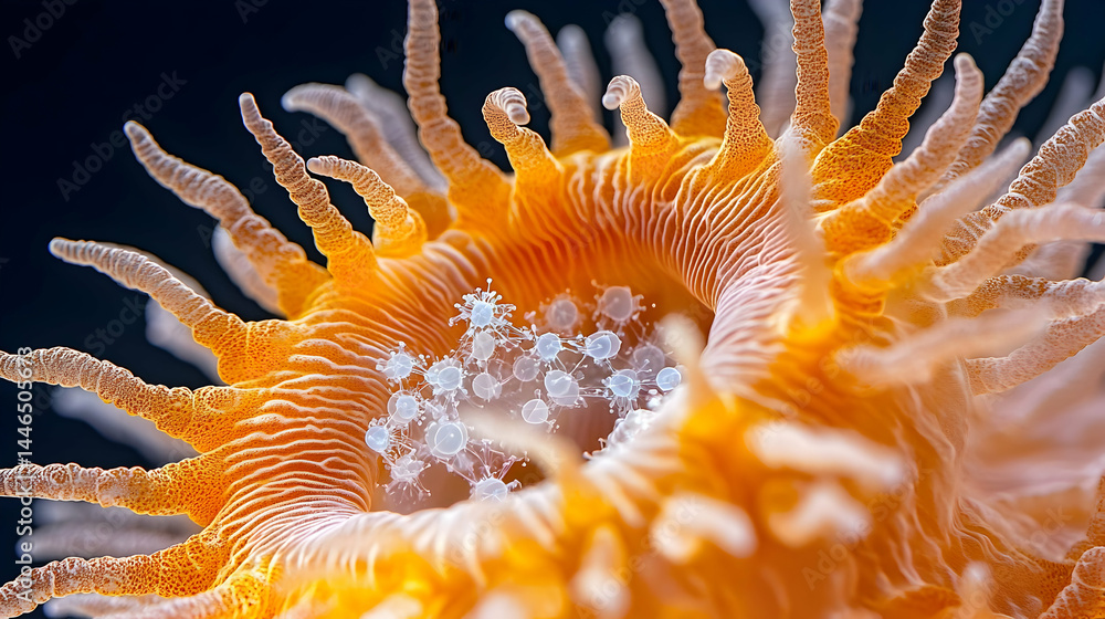 Poster intricate macro shot reveals a vibrant sea anemone. its detailed structure and the microscopic eleme