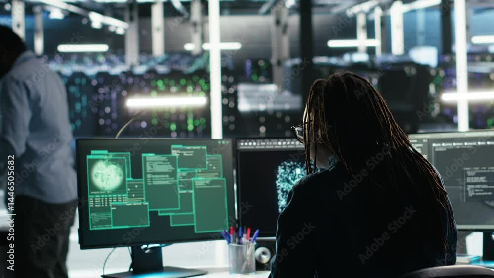 Poster server hub engineering team rushes to stop cyberattack targeting confidential information. data cent
