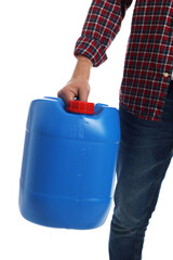 Man holding plastic canister on white background, closeup