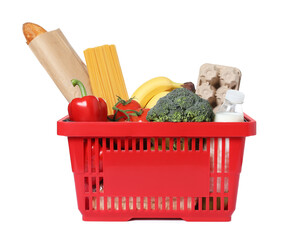 Shopping basket with different food products isolated on white