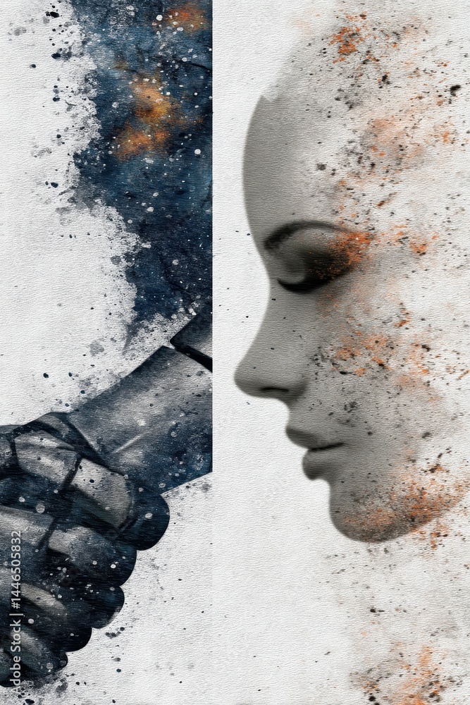 Poster intriguing double exposure image merging human face and robotic hand representing advanced business 