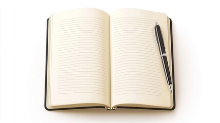 Open notebook with pen on white background.