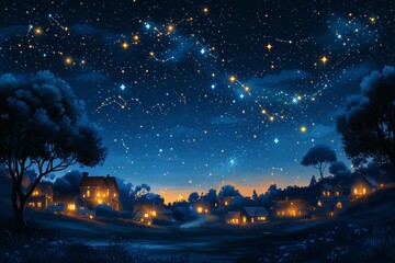 Night sky over village, stars, constellations, fantasy art, wallpaper