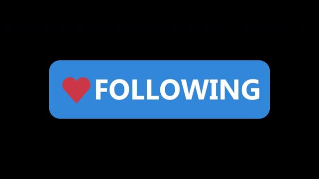 Social network following button animated on transparent alpha png 4k background