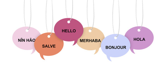 Paper speech bubbles with greetings in different languages hanging on white background. Banner design © New Africa