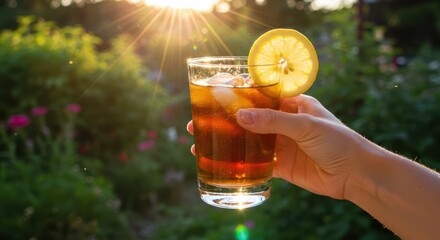 Female hand holding a glass of iced tea with lemon slice in a garden at sunset