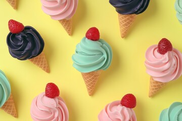 Pink Mint Purple Ice Cream Cones with Raspberries on Yellow Background
