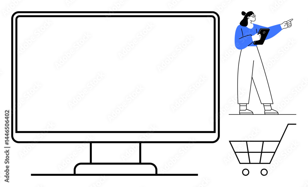 Poster large blank computer screen with a shopping cart below and a woman holding a tablet pointing towards