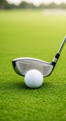 Golf club and ball on green course. Close-up view of golf equipment. Sports image for Father's Day card or National Golf Month celebration. Concept of precision in sports.