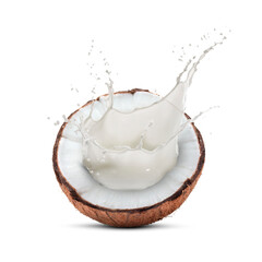 Fresh coconut milk splashing out of nut on white background