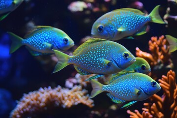 A school of vibrant blue and green fish with white spots swims in a coral reef aquarium.