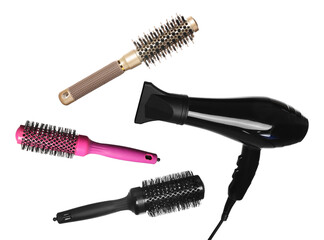 Hair dryer and round brushes in air on white background, collage