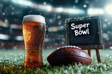 Super bowl beer and football on grassy field