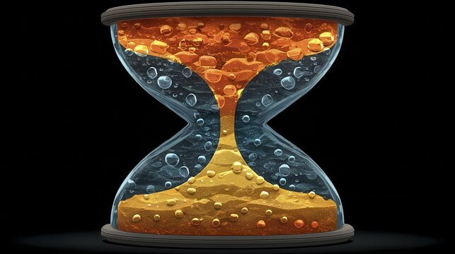 Burning water hourglass, a visually striking image representing the passage of time and conflicting elements - symbol creation ephemeral