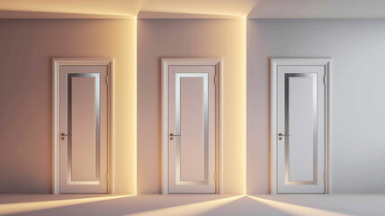 Three Modern Interior Doors in White and Silver Tones Against a Bright White Background

