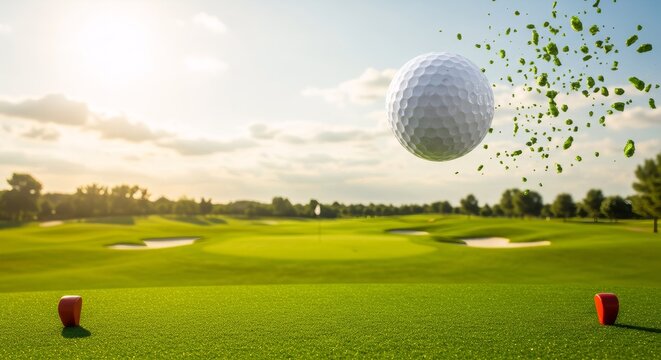 Golf ball flying over green course with leaves. Scenic landscape of golf field at sunset. Father's Day gift card concept. National Golf Month celebration in August