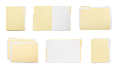 File folders with sheets of paper isolated on white, collage. Top view