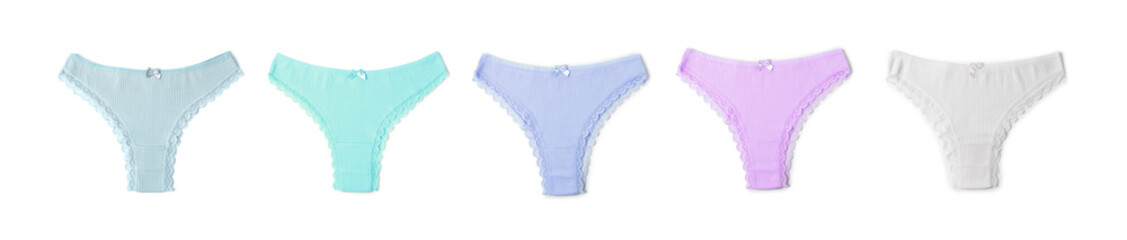 Beautiful women's panties in different colors on white background, set