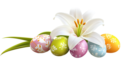 Easter lily with colored eggs isolated on a transparent background, cutout PNG file for graphic design elements. White color flower with colorful Easter egg clipart