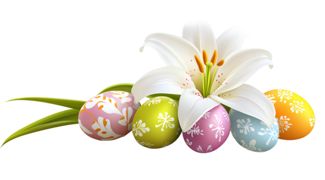 Easter lily with colored eggs isolated on a transparent background, cutout PNG file for graphic design elements. White color flower with colorful Easter egg clipart
