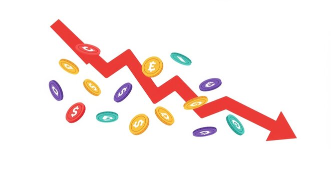 Dramatic economic downturn visualized with a declining red arrow and scattered coins