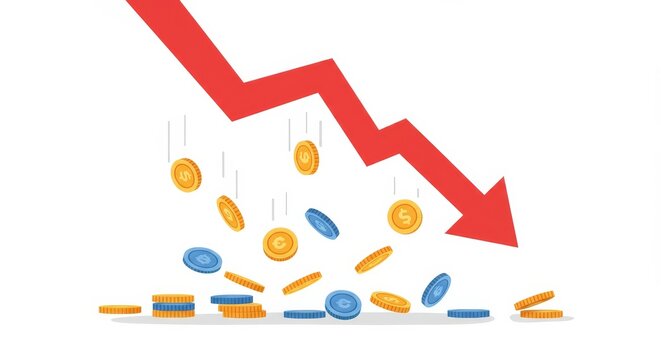 Financial downturn depicted with a falling arrow and scattered golden coins
