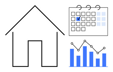 House outline alongside calendar with marked date and bar graph with connections. Ideal for planning, productivity, housing market, organization, management, time tracking, real estate. Flat simple