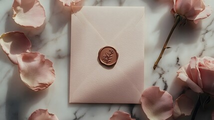 Elegant Rose Envelope with Wax Seal: A close-up, top-down view of a delicate pink envelope adorned with a wax seal, surrounded by soft pink rose petals and elegant roses.