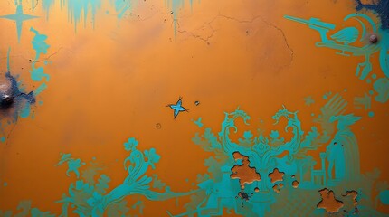 Abstract orange and teal artwork with intricate patterns and figures, creating a whimsical and textured background.