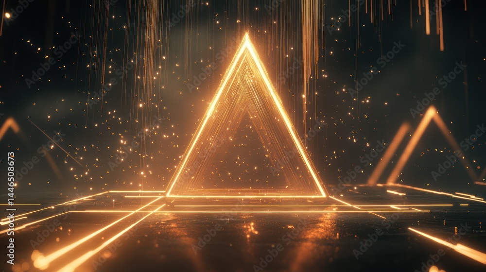 Aufkleber golden pyramid stage with glowing lines and particles. dark background with illuminated triangle, di