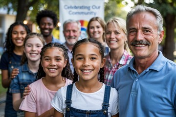  a heartwarming outdoor portrait of a diverse group of people, spanning multiple generations and ethnicities, gathered together.