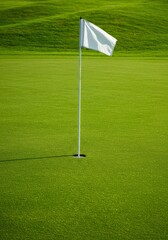 Obraz premium White flag on green golf course putting green. Golf tournament marker. Sports competition concept. Golf club championship design element for poster
