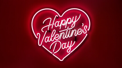 Naklejka premium A glowing stylized neon heart with Happy Valentine's Day script against a deep red backdrop.