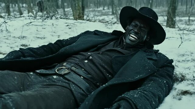 A prone character with a black hat, coat, and belt is laughing hysterically while lying in the snow of a bare winter forest setting.