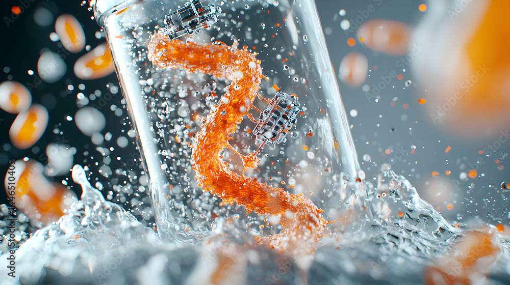 Poster artistic macro shot of a laboratory scene. depicts liquid mixing with capsules and water droplets fo