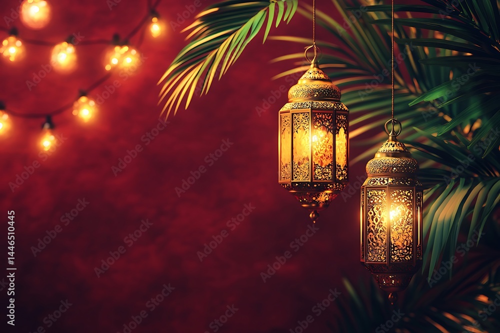 Poster two golden lanterns hanging with palm leaves against red background and blurred string lights