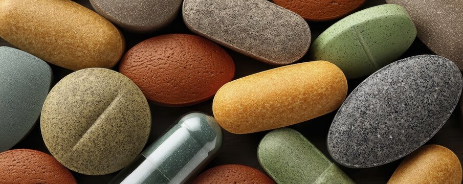 Variety of dietary supplement pills and capsules - nutritional colorful capsule pile softgels