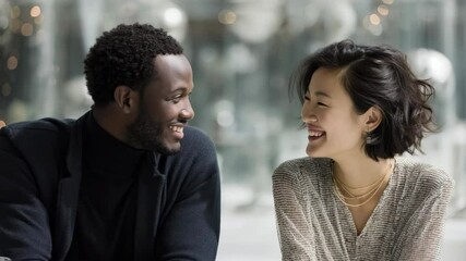 Smiling diverse couple facing each other indoors with blurred background, connection and interracial relationship concept, happy and joyful together