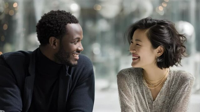 Smiling diverse couple facing each other indoors with blurred background, connection and interracial relationship concept, happy and joyful together