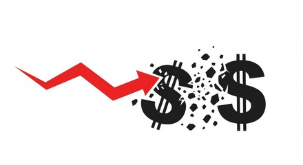 Illustration showcasing financial loss with falling arrow and disintegrating dollars