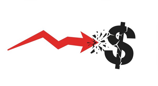Economic crash illustrated by a red arrow shattering a dollar sign, representing market decline